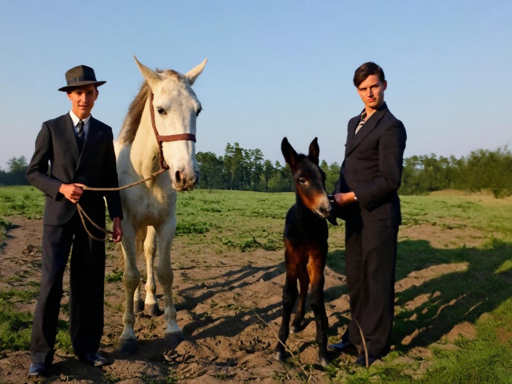 Edwin Bridges (right) and his father John Bridges (left) showing their horse and mule, 1930s